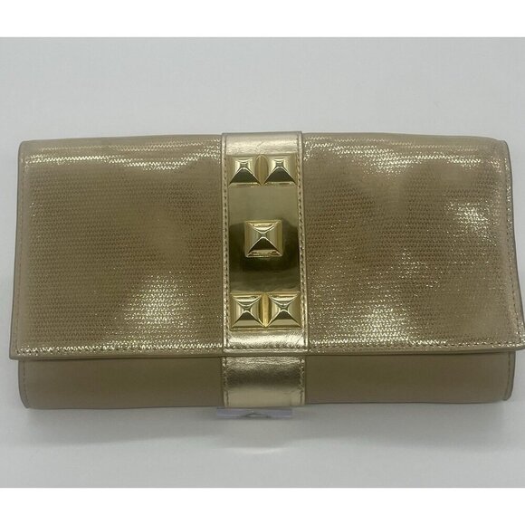Vince Camuto Gold Leather Clutch Bag Wedding Party Metallic Vacation Designer - Picture 1 of 4